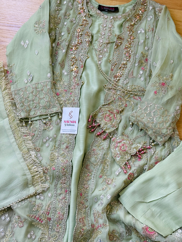 EMBROIDERED CHIFFON KIDS 3-PC SUIT PISTA GREEN JACKET ALKD57