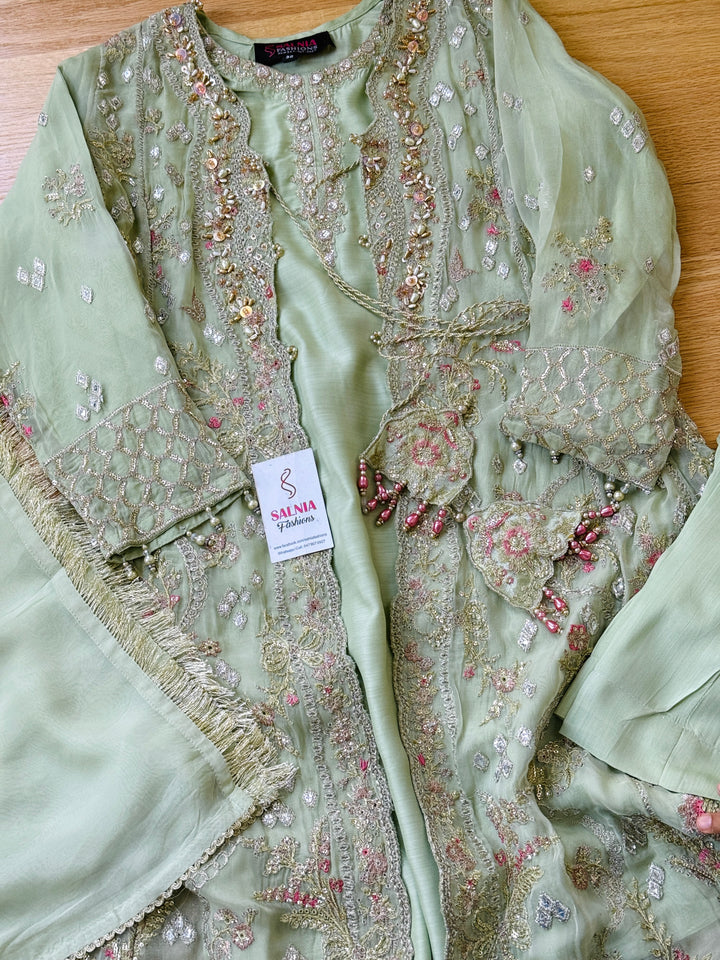 EMBROIDERED CHIFFON KIDS 3-PC SUIT PISTA GREEN JACKET ALKD57