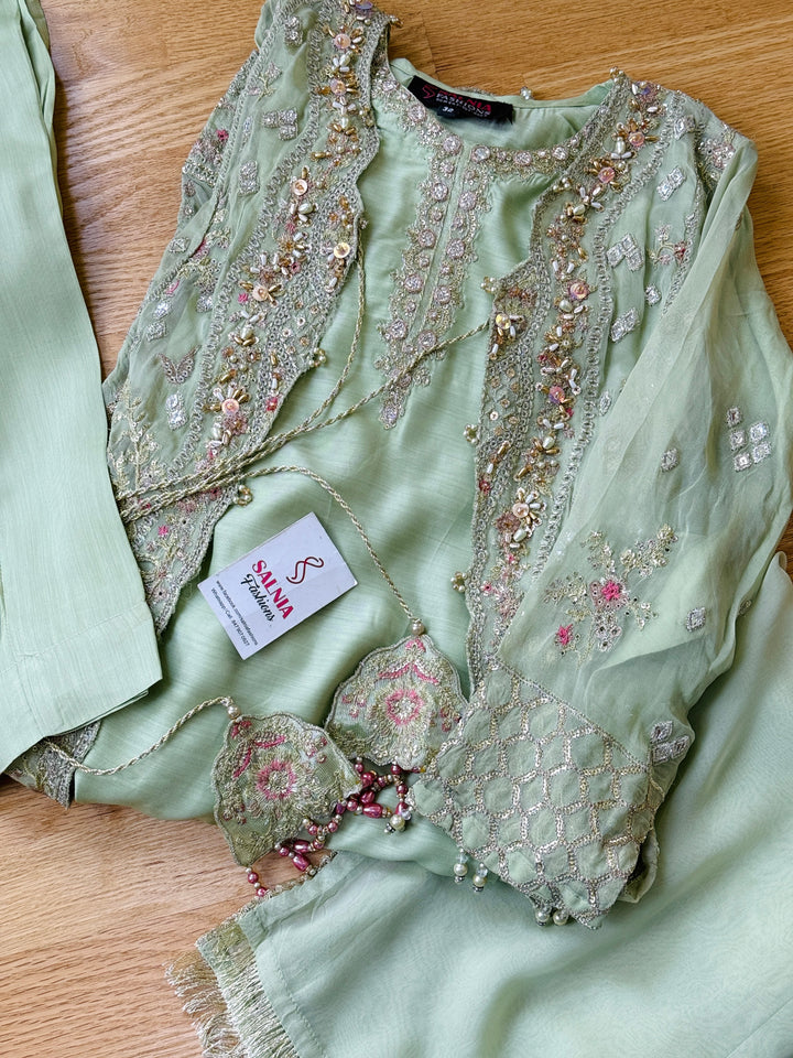 EMBROIDERED CHIFFON KIDS 3-PC SUIT PISTA GREEN JACKET ALKD57