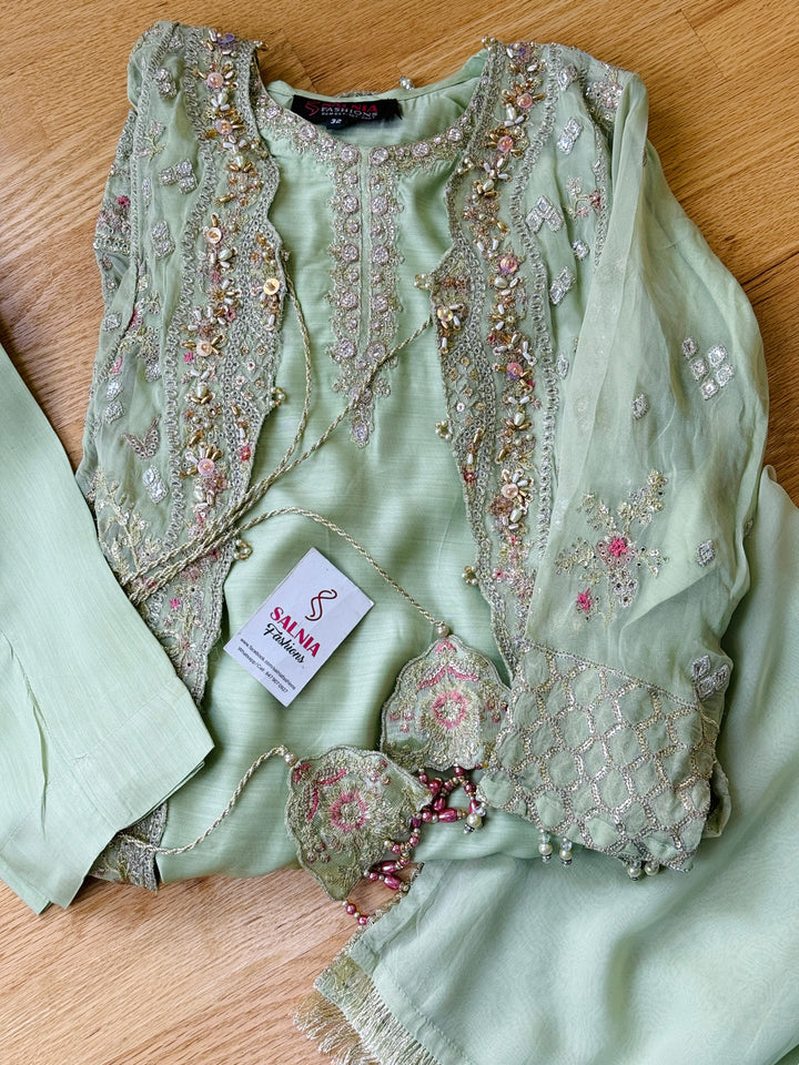 EMBROIDERED CHIFFON KIDS 3-PC SUIT PISTA GREEN JACKET ALKD57