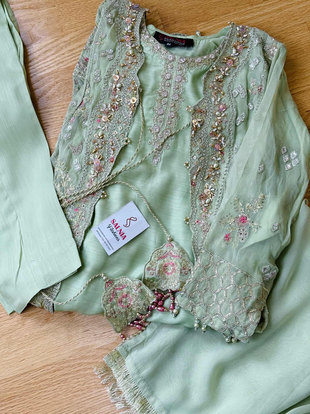 EMBROIDERED CHIFFON KIDS 3-PC SUIT PISTA GREEN JACKET ALKD57