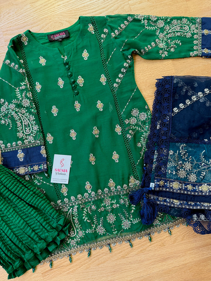 EMBROIDERED CHIFFON KIDS 3-PC SUIT GREEN ALKD54