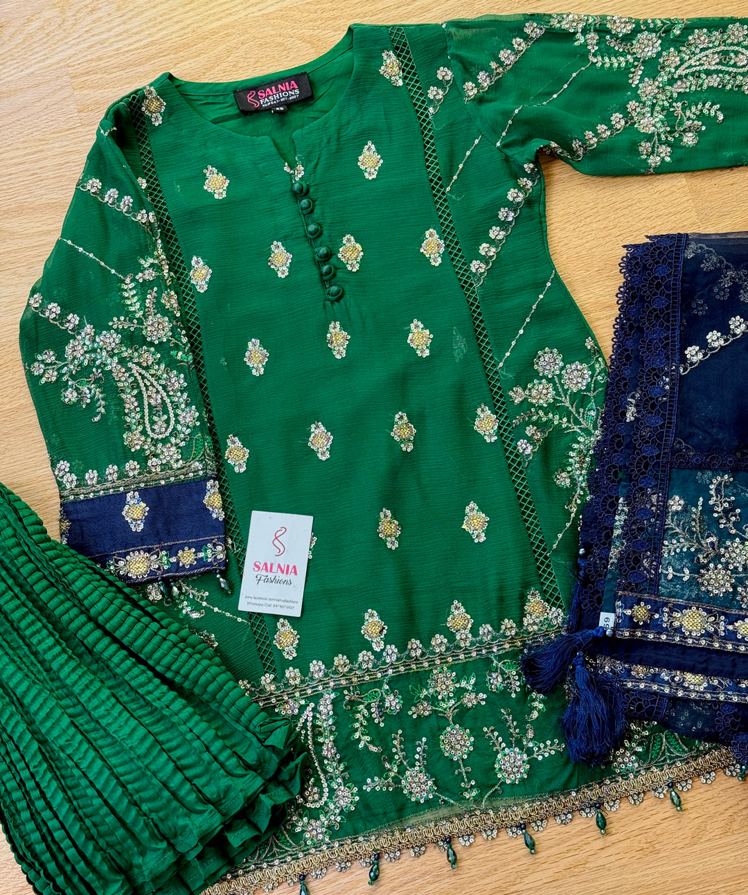 EMBROIDERED CHIFFON KIDS 3-PC SUIT GREEN ALKD54
