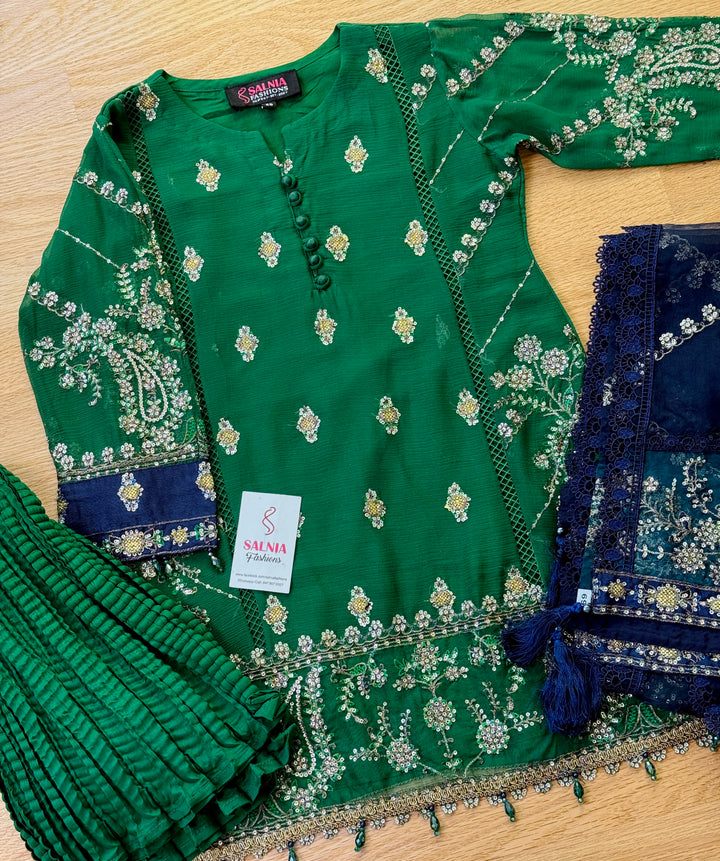 EMBROIDERED CHIFFON KIDS 3-PC SUIT GREEN ALKD54