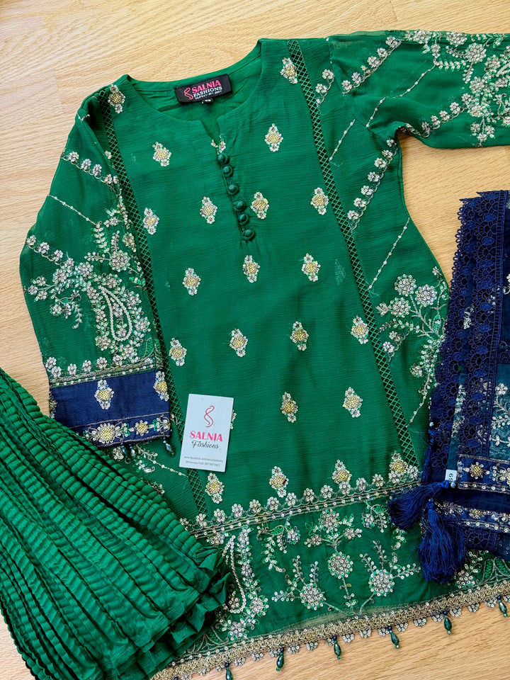 EMBROIDERED CHIFFON KIDS 3-PC SUIT GREEN ALKD54