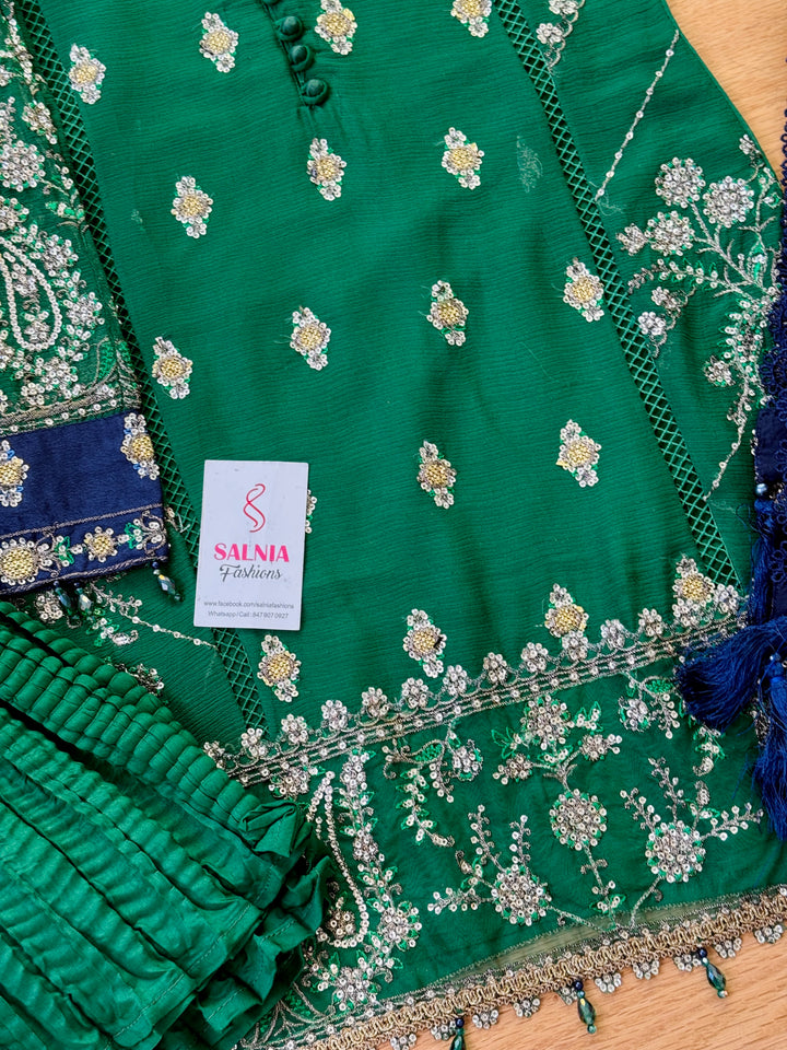 EMBROIDERED CHIFFON KIDS 3-PC SUIT GREEN ALKD54