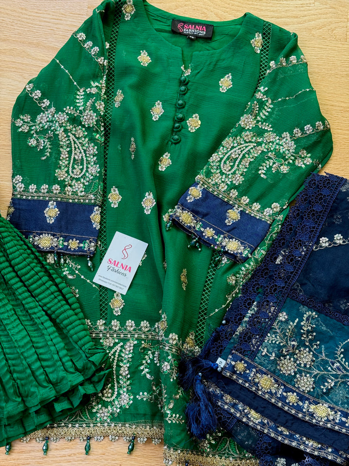 EMBROIDERED CHIFFON KIDS 3-PC SUIT GREEN ALKD54