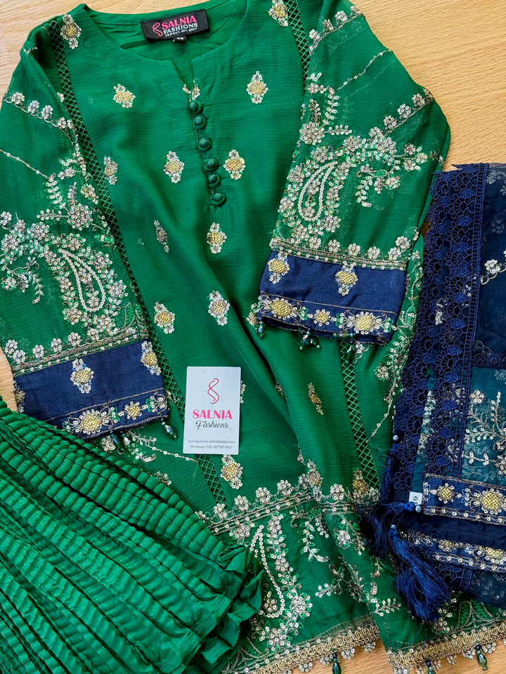 EMBROIDERED CHIFFON KIDS 3-PC SUIT GREEN ALKD54