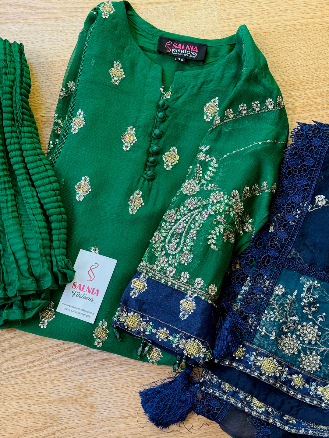 EMBROIDERED CHIFFON KIDS 3-PC SUIT GREEN ALKD54