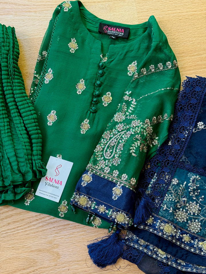 EMBROIDERED CHIFFON KIDS 3-PC SUIT GREEN ALKD54