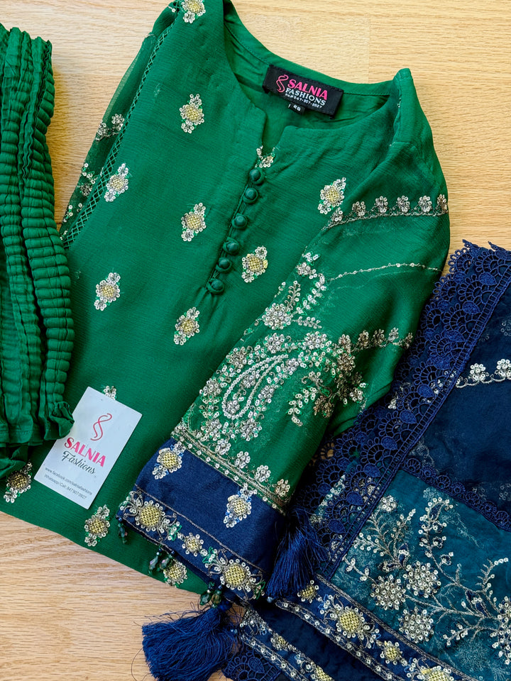 EMBROIDERED CHIFFON KIDS 3-PC SUIT GREEN ALKD54