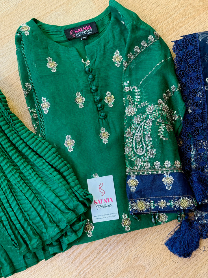 EMBROIDERED CHIFFON KIDS 3-PC SUIT GREEN ALKD54