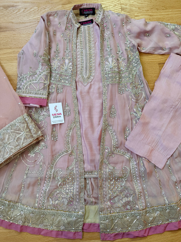 EMBROIDERED CHIFFON KIDS 3-PC SUIT PINK ALKD58