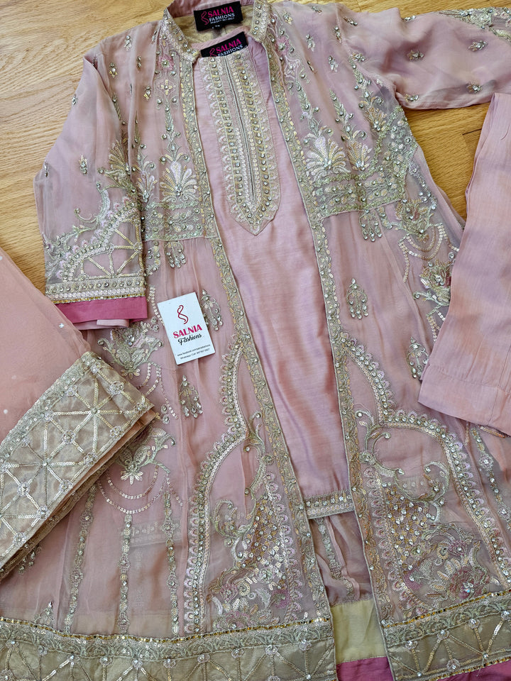 EMBROIDERED CHIFFON KIDS 3-PC SUIT PINK ALKD58