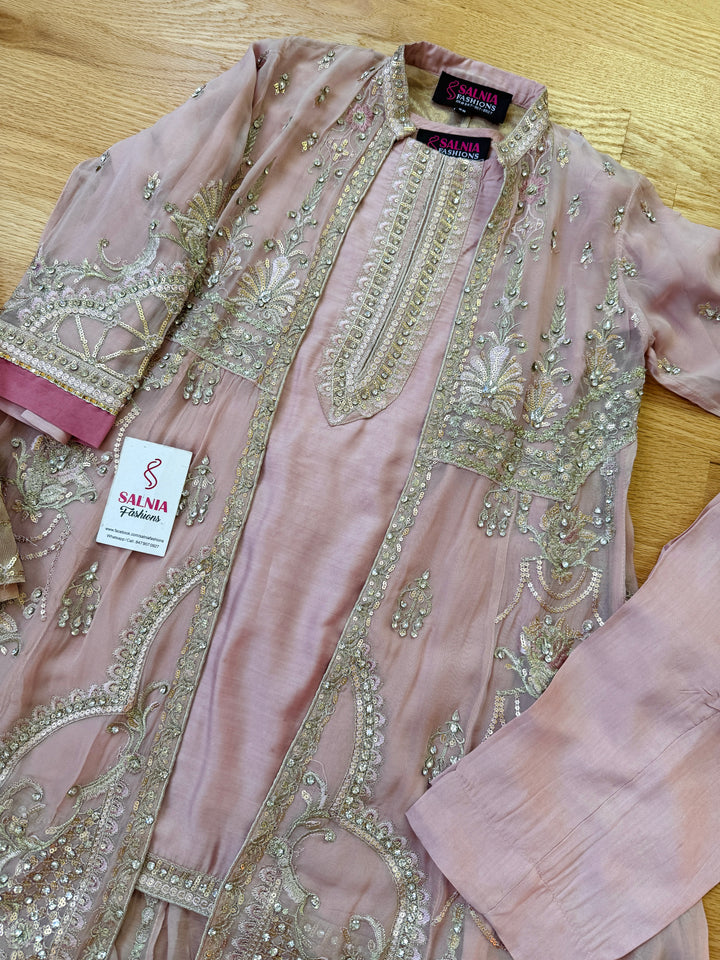 EMBROIDERED CHIFFON KIDS 3-PC SUIT PINK ALKD58