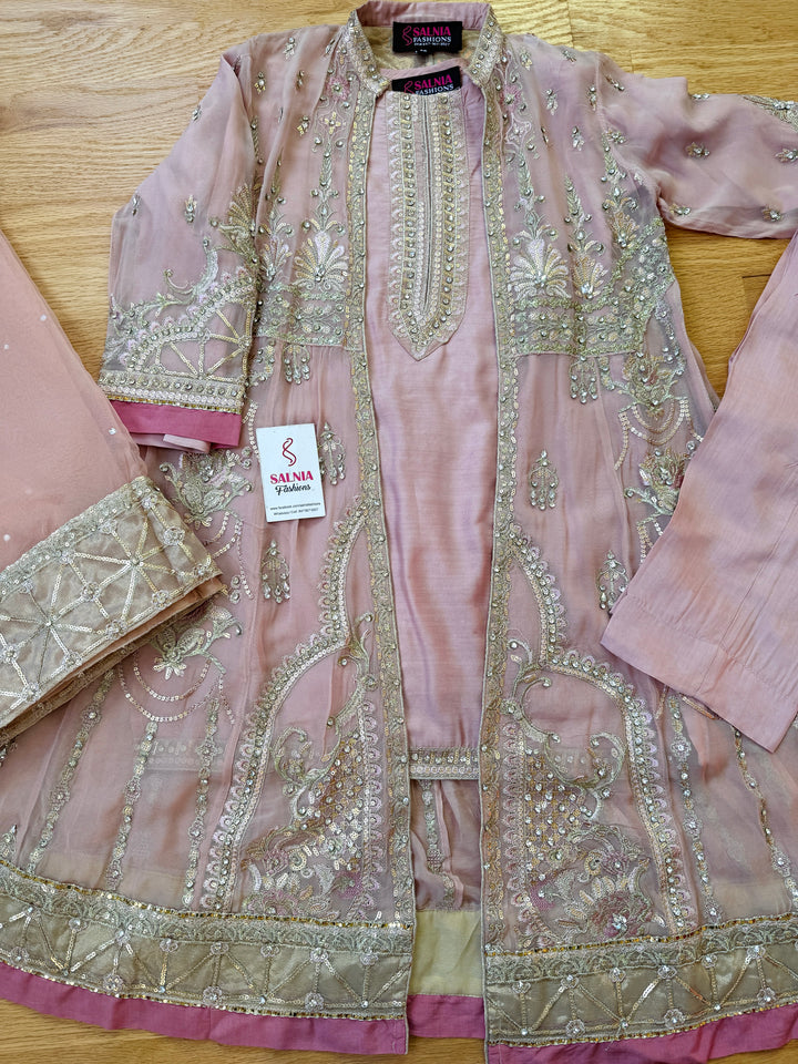 EMBROIDERED CHIFFON KIDS 3-PC SUIT PINK ALKD58