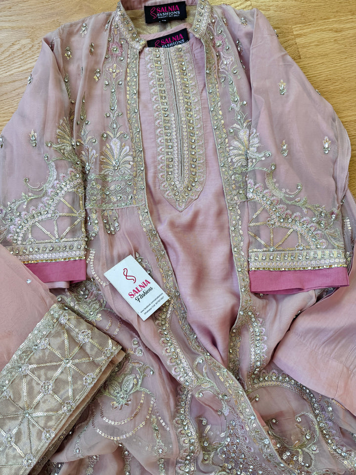 EMBROIDERED CHIFFON KIDS 3-PC SUIT PINK ALKD58
