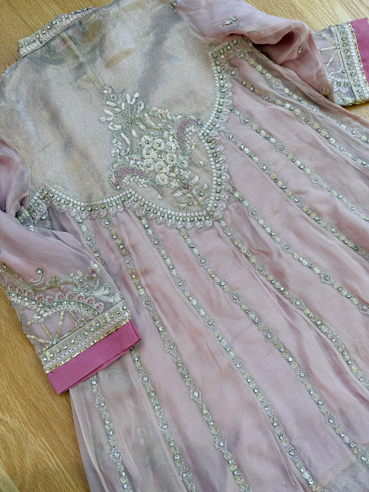 EMBROIDERED CHIFFON KIDS 3-PC SUIT PINK ALKD58