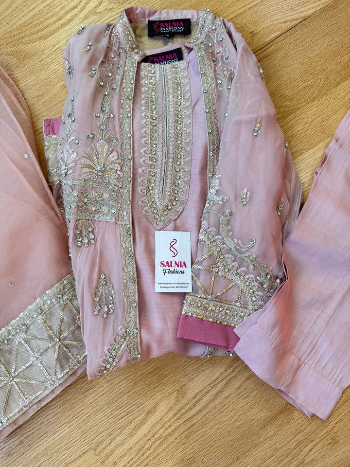 EMBROIDERED CHIFFON KIDS 3-PC SUIT PINK ALKD58