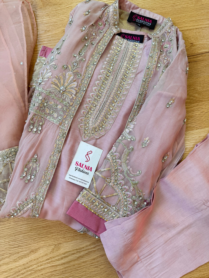 EMBROIDERED CHIFFON KIDS 3-PC SUIT PINK ALKD58