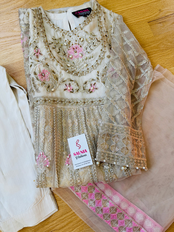 EMBROIDERED ORGANZA KIDS 3-PC SUIT WHITE ALKD61