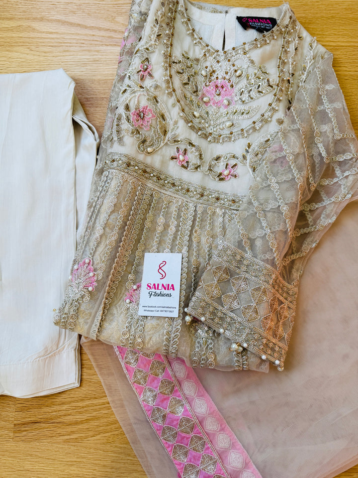 EMBROIDERED ORGANZA KIDS 3-PC SUIT WHITE ALKD61