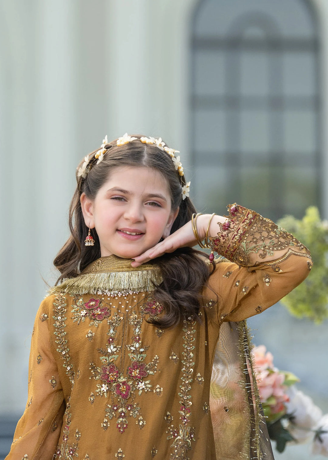 EMBROIDERED CHIFFON KIDS 3-PC SUIT PINK ALKD04