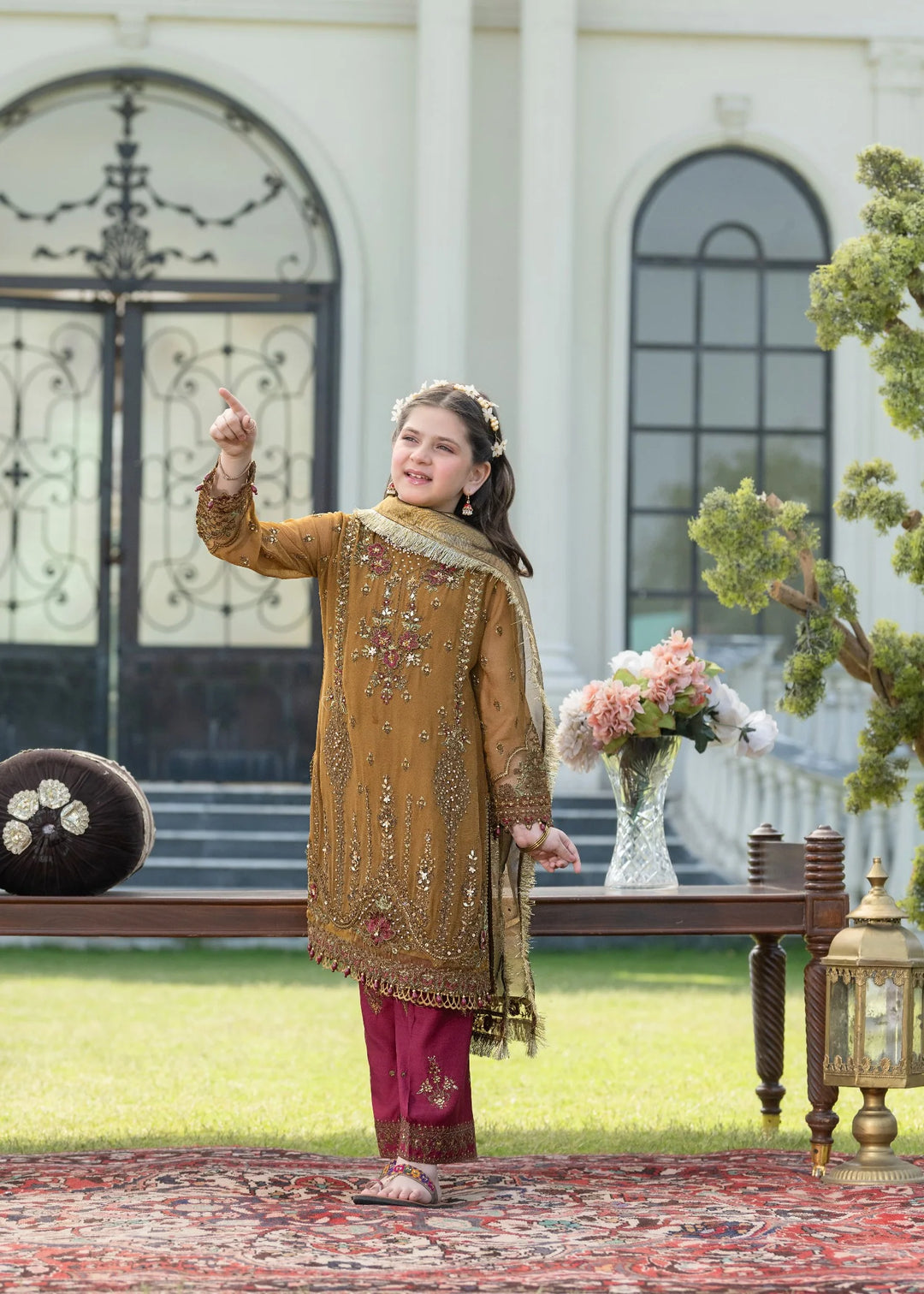 EMBROIDERED CHIFFON KIDS 3-PC SUIT PINK ALKD04