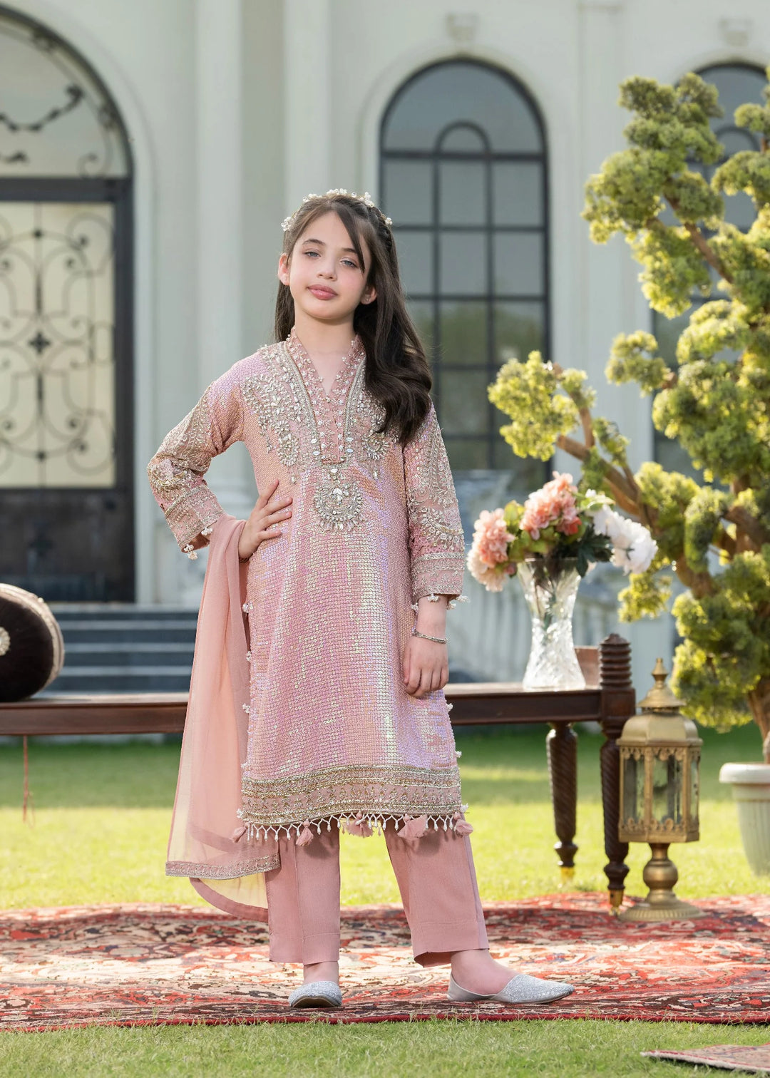 EMBROIDERED ORGANZA KIDS 3-PC SUIT PINK ALKD06