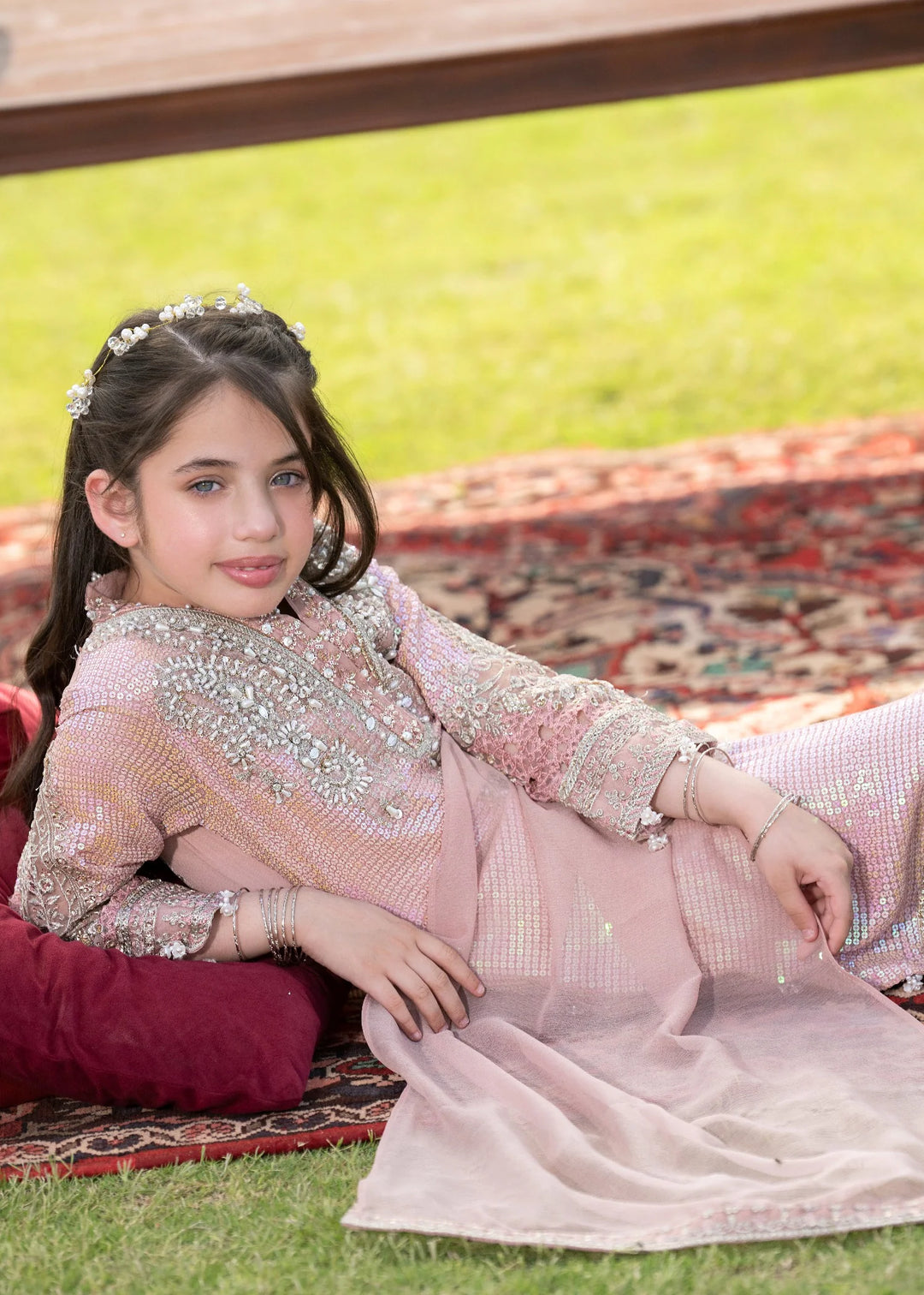EMBROIDERED ORGANZA KIDS 3-PC SUIT PINK ALKD06