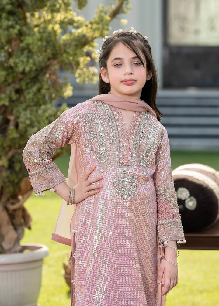 EMBROIDERED ORGANZA KIDS 3-PC SUIT PINK ALKD06