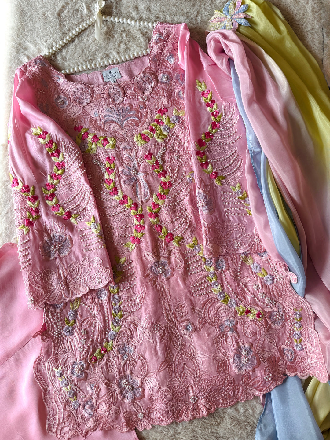 CUTWORK EMBROIDERED PURE SILK SUIT CTSH01