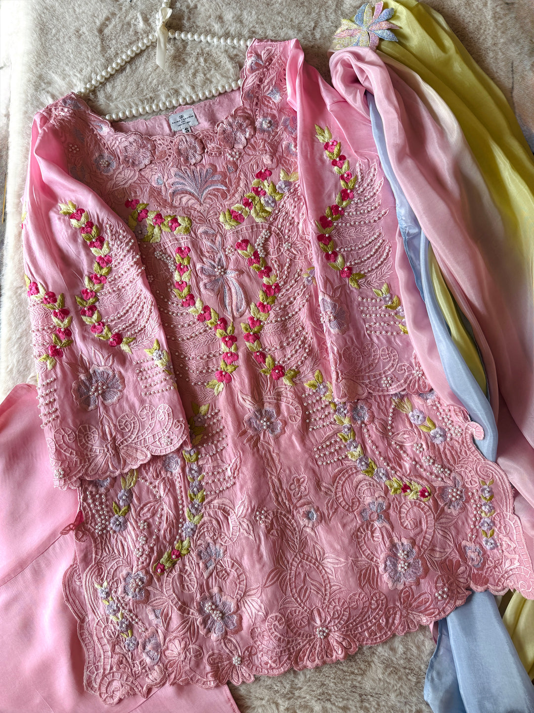 CUTWORK EMBROIDERED PURE SILK SUIT CTSH01