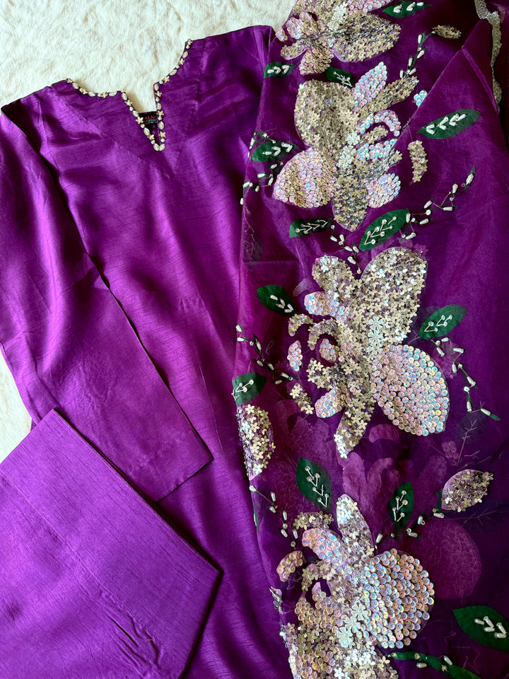 PURE RAW SILK HAND PAINTED FARSHI SHALWAR  SUIT SFHP21