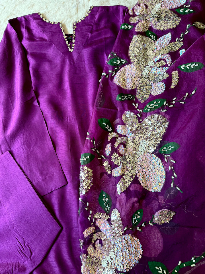 PURE RAW SILK HAND PAINTED FARSHI SHALWAR  SUIT SFHP21