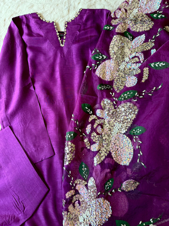 PURE RAW SILK HAND PAINTED FARSHI SHALWAR  SUIT SFHP21