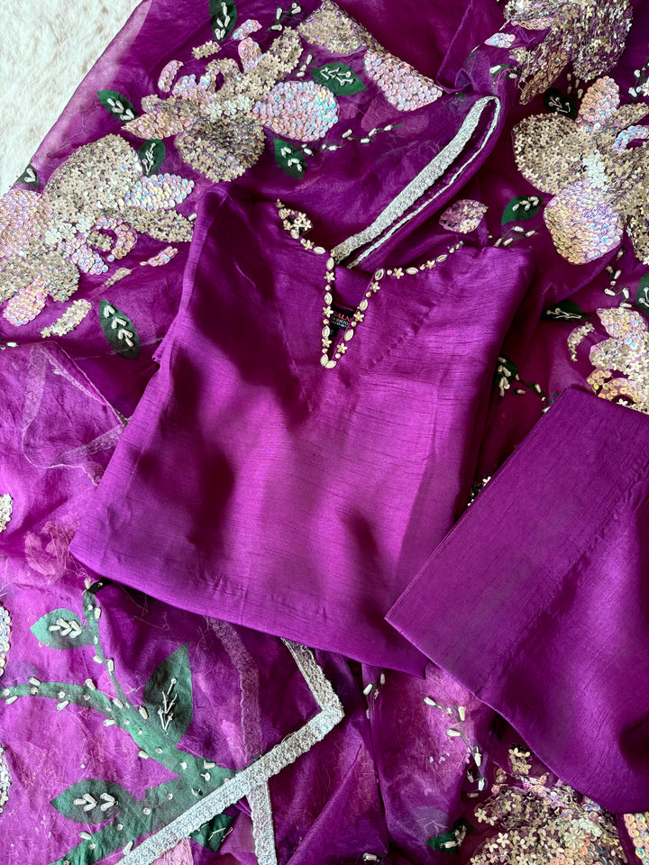 PURE RAW SILK HAND PAINTED FARSHI SHALWAR  SUIT SFHP21