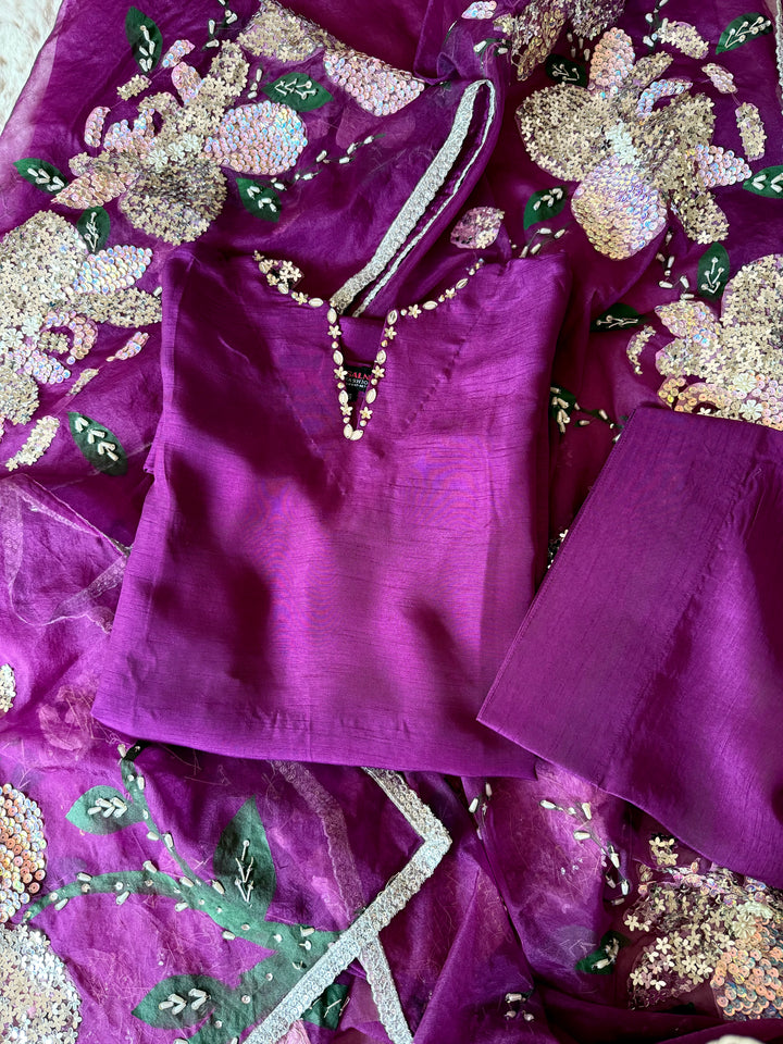 PURE RAW SILK HAND PAINTED FARSHI SHALWAR  SUIT SFHP21