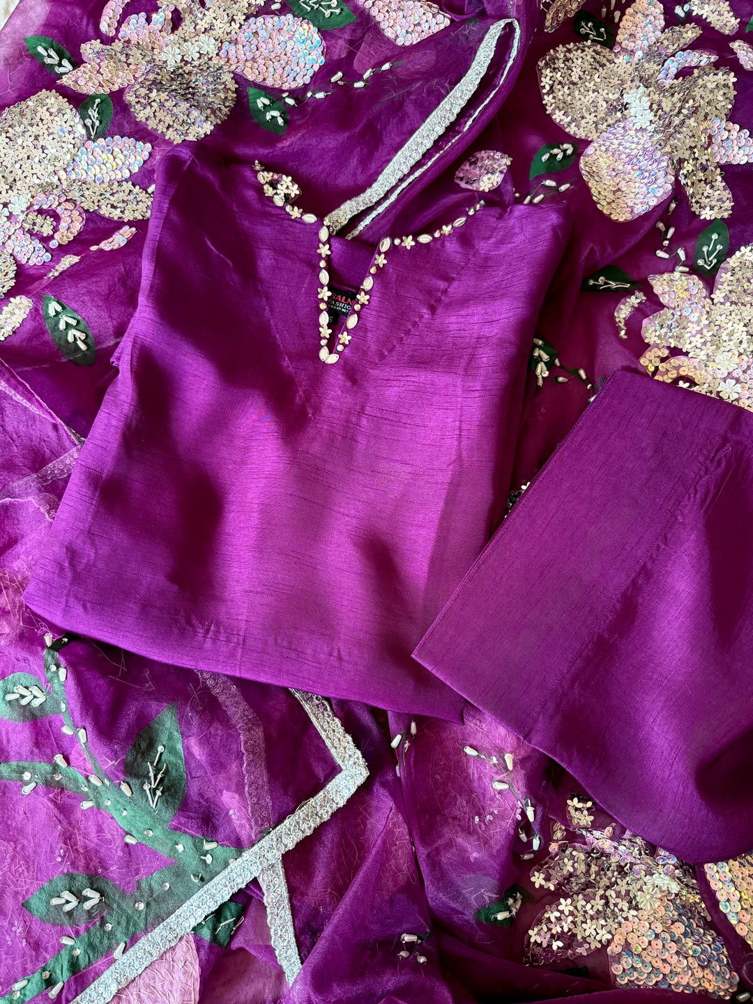 PURE RAW SILK HAND PAINTED FARSHI SHALWAR  SUIT SFHP21