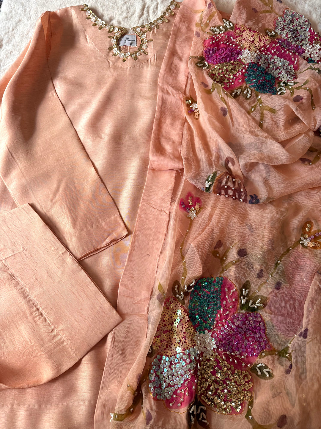 PURE RAW SILK HAND PAINTED FARSHI SHALWAR SUIT SFHP29