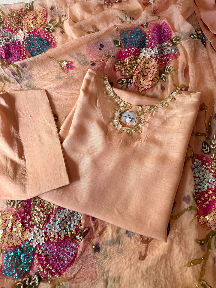 PURE RAW SILK HAND PAINTED FARSHI SHALWAR SUIT SFHP29