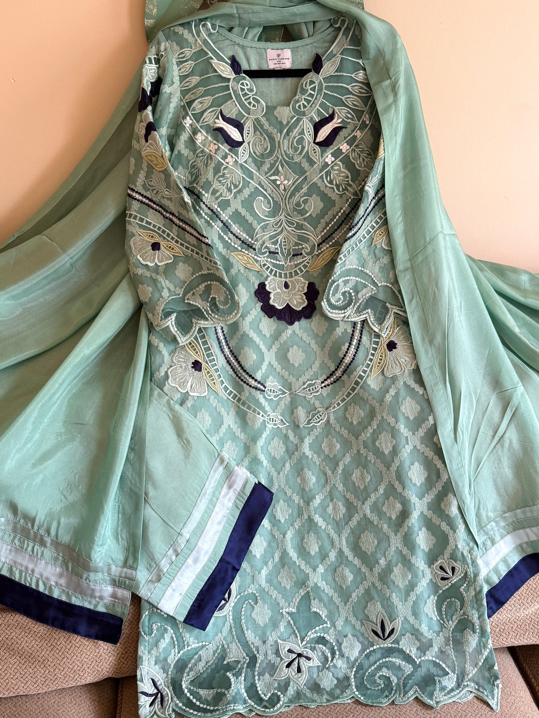 EMBROIDERED CUTWORK APPLIQUE KHAADI JAQUARD SUIT FRSH72