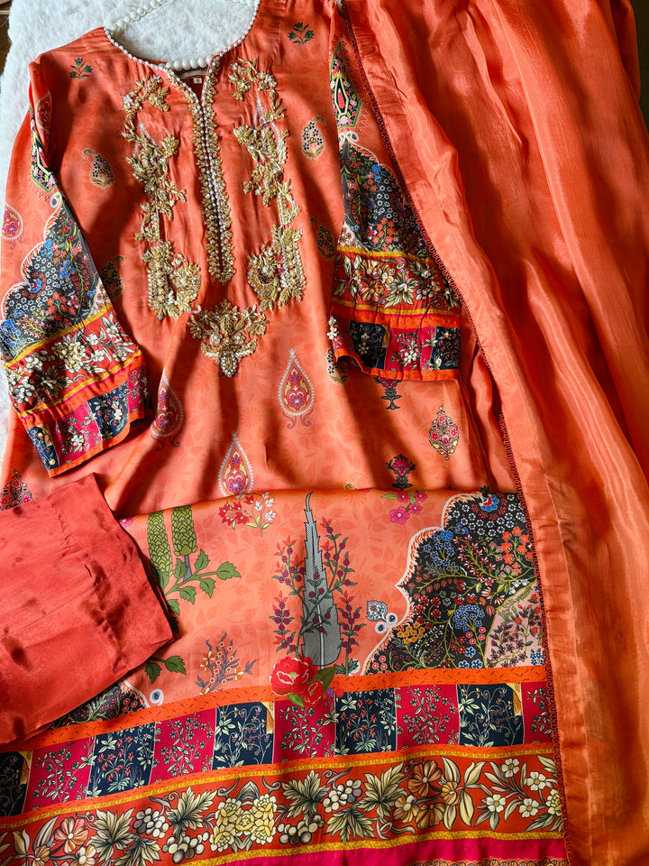 HANDWORK PURE CREPE SILK KAFTAN SET SFKF38