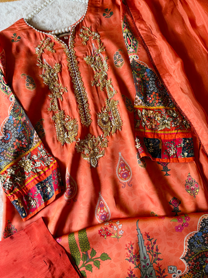 HANDWORK PURE CREPE SILK KAFTAN SET SFKF38