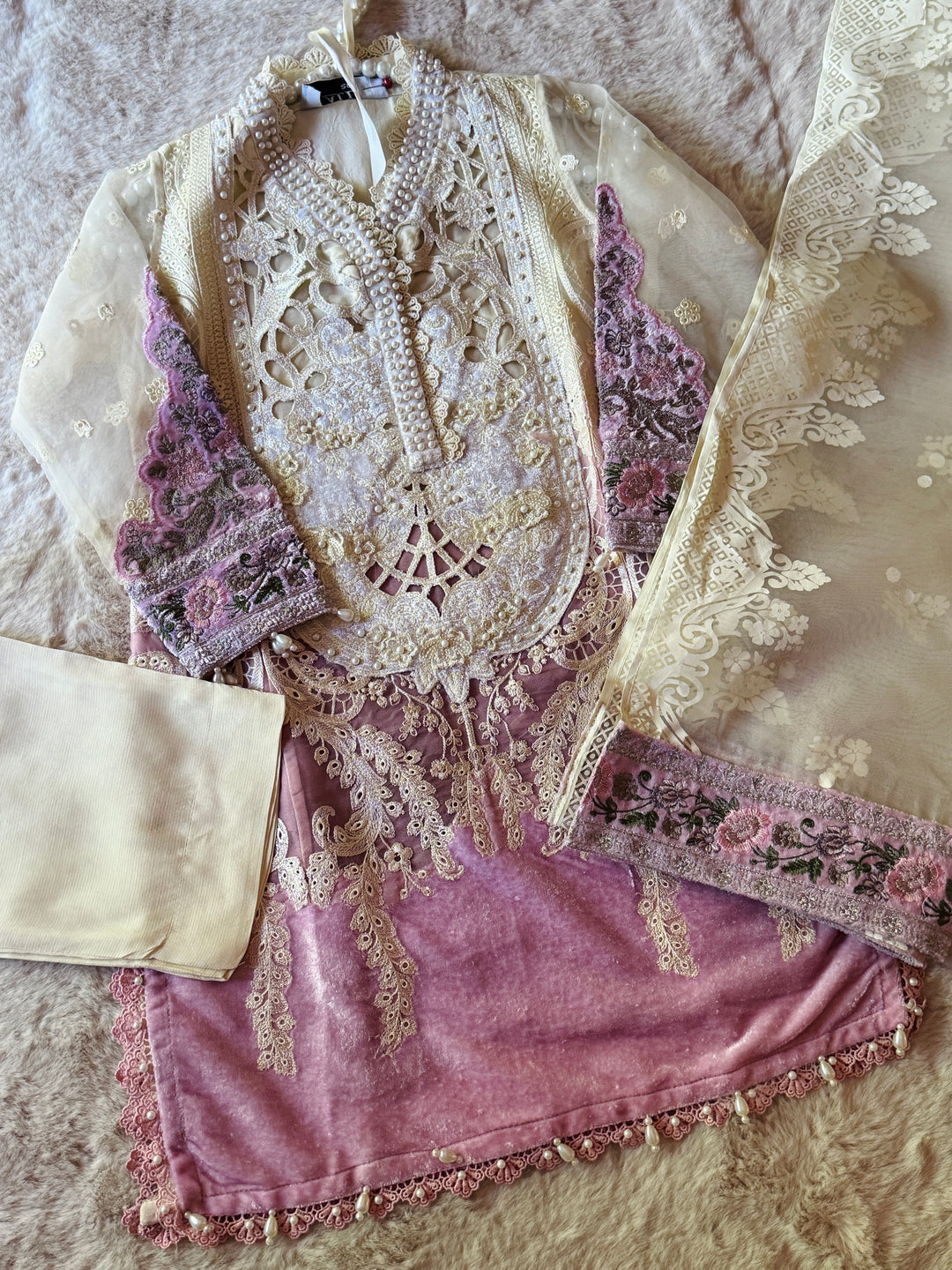 EMBROIDERED ORGANZA KIDS 3-PC SUIT PINK ALKD01