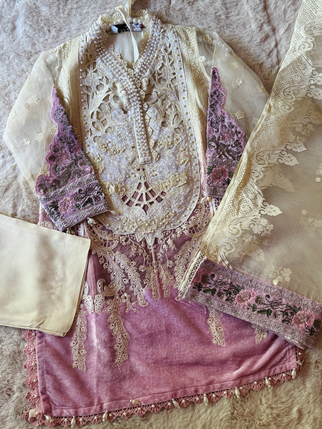 EMBROIDERED ORGANZA KIDS 3-PC SUIT PINK ALKD01