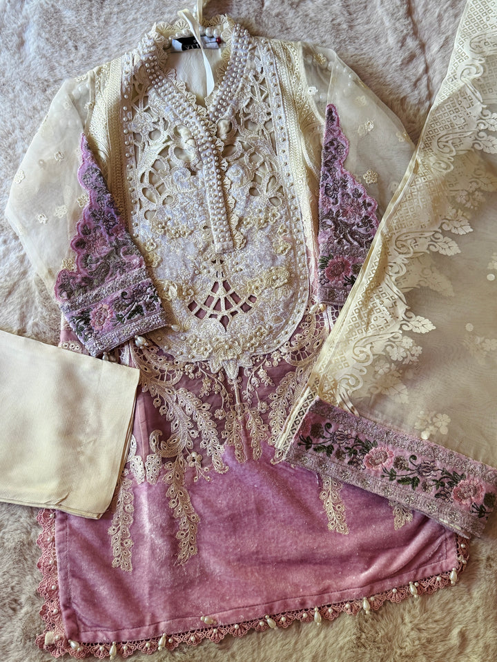 EMBROIDERED ORGANZA KIDS 3-PC SUIT PINK ALKD01