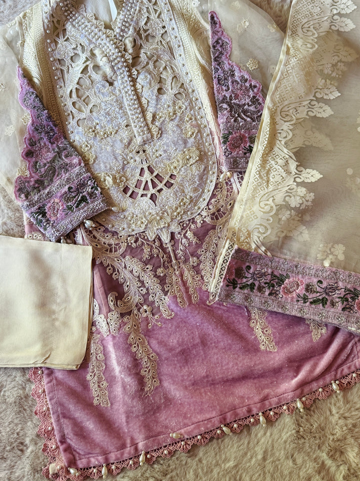 EMBROIDERED ORGANZA KIDS 3-PC SUIT PINK ALKD01
