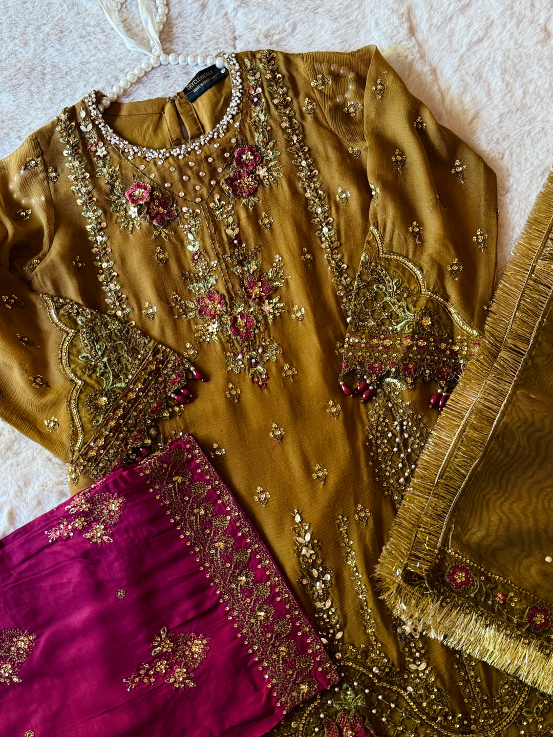 EMBROIDERED CHIFFON KIDS 3-PC SUIT PINK ALKD04