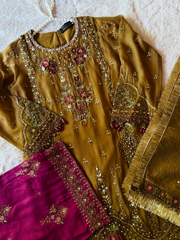 EMBROIDERED CHIFFON KIDS 3-PC SUIT PINK ALKD04